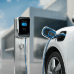 Electric car connected to charging station with future architecture building background