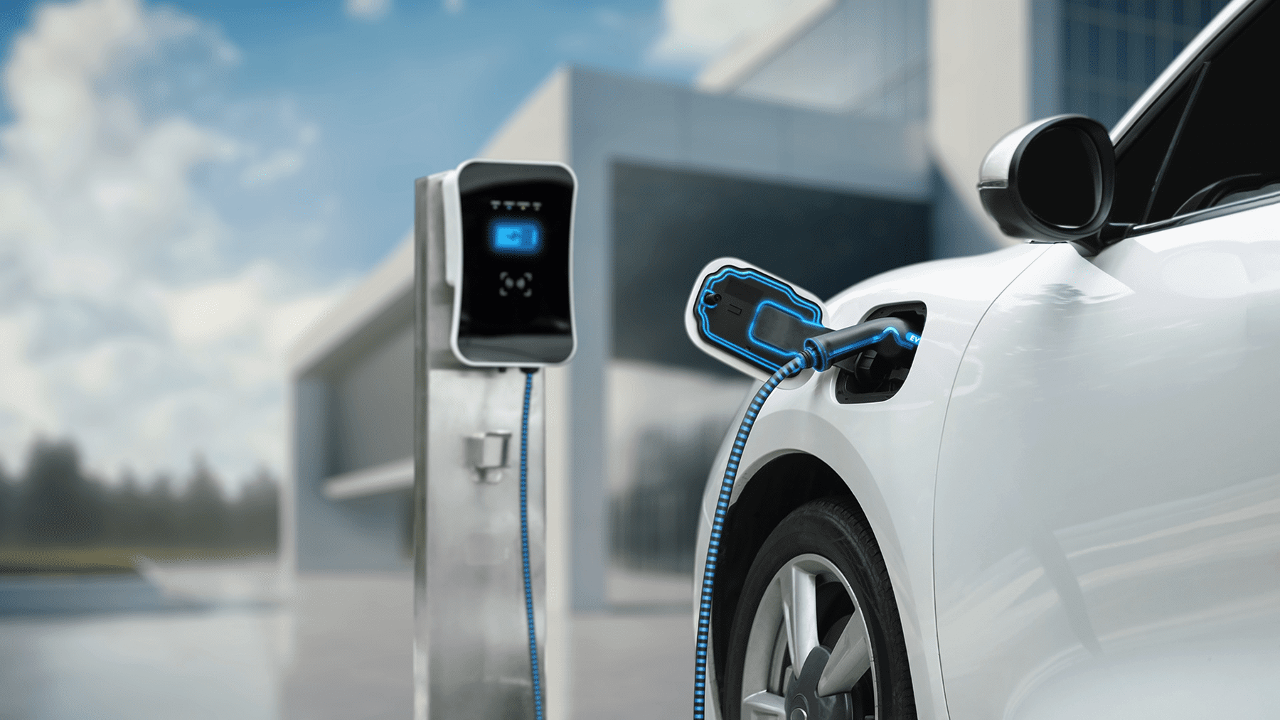 Electric car connected to charging station with future architecture building background