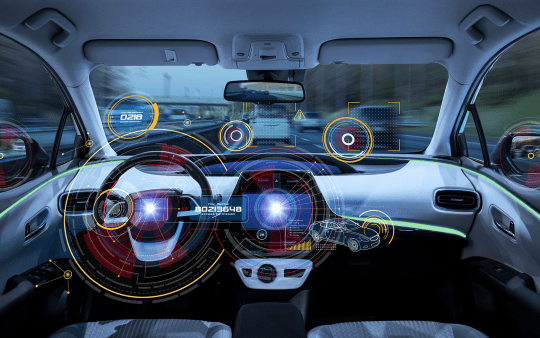 Futuristic car cockpit. Autonomous car. Driverless vehicle. HUD(Head up display). GUI(Graphical User Interface)