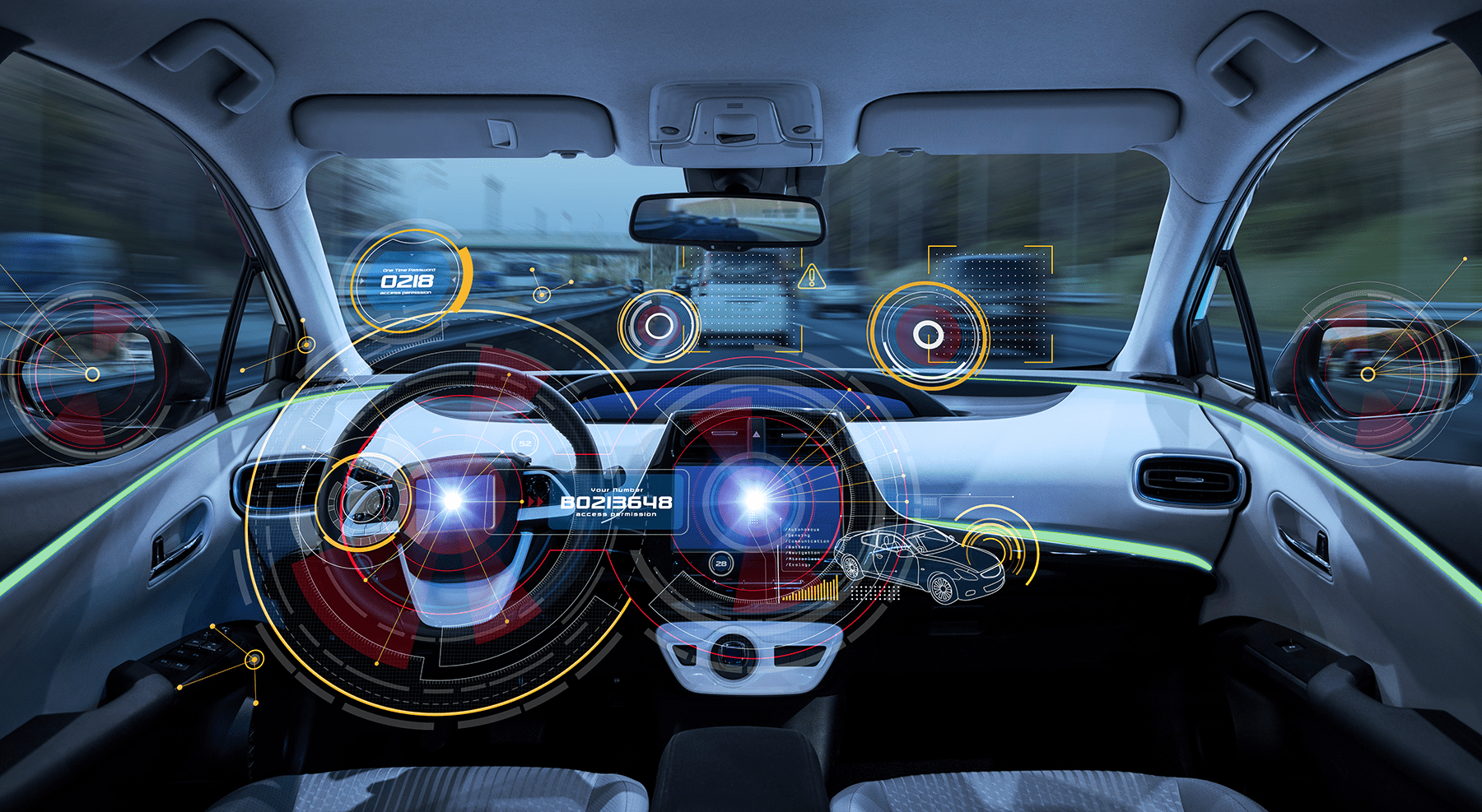 Futuristic car cockpit. Autonomous car. Driverless vehicle. HUD(Head up display). GUI(Graphical User Interface)